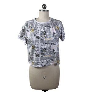 Y2K Vibe N Shirt Womens Large White Sunflower Newspaper Cottage Boho Grunge 90s